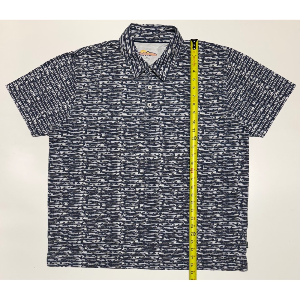Orvis‎ Mens XL Navy White Fish Print Cotton Short Sleeve Polo Shirt 3B91